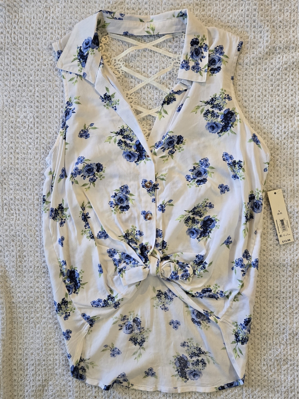 Sleeveless White Top with Blue Floral Print and Lace Back NWT Size S